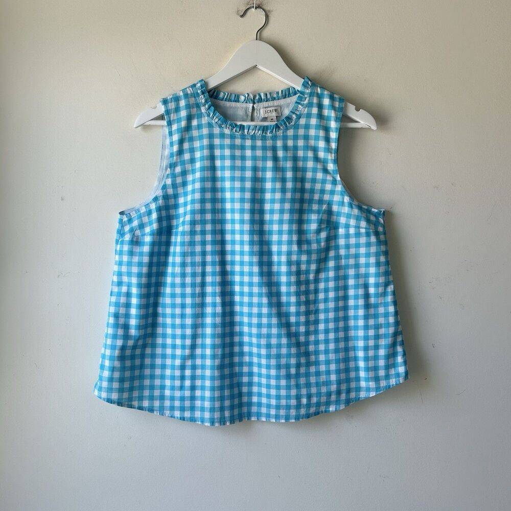 J. Crew Women’s Blue White Gingham Ruffled Neck Sleeveless Top Size M Cotton